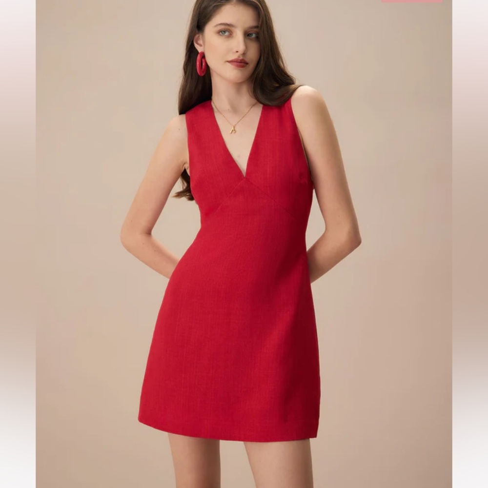 NWT Red V Neck Sleeveless Linen Mini Dress